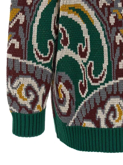 Etro Patterned Jacquard Wool Sweater With Dropped Shoulders In Green