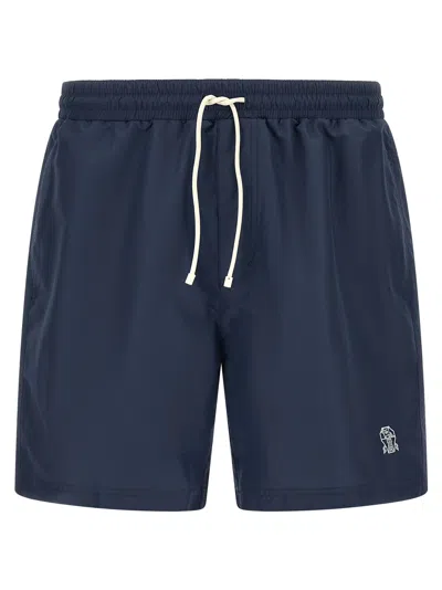 Brunello Cucinelli Straight-leg Mid-length Logo-embroidered Swim Shorts In Blue