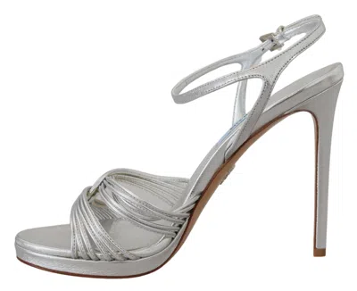 Prada Leather Sandals Ankle Strap Stiletto Heels In Silver