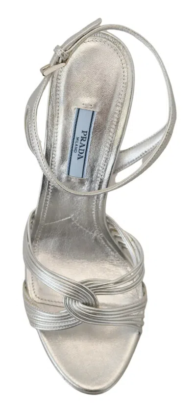 Prada Leather Sandals Ankle Strap Stiletto Heels In Silver