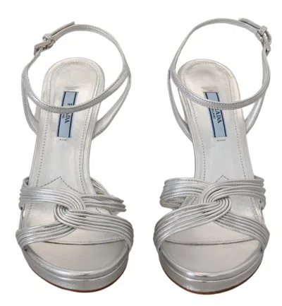 Prada Leather Sandals Ankle Strap Stiletto Heels In Silver
