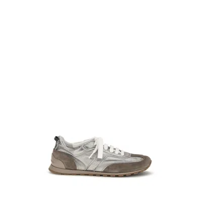 Brunello Cucinelli Monili Pull-tab Crinkle-effect Leather Low-top Sneakers In Silver