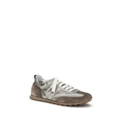 Brunello Cucinelli Monili Pull-tab Crinkle-effect Leather Low-top Sneakers In Silver