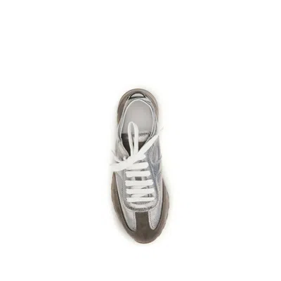 Brunello Cucinelli Monili Pull-tab Crinkle-effect Leather Low-top Sneakers In Silver