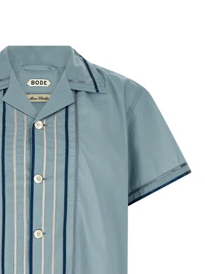 Bode Striped Cotton Bowling Shirt With Cuban Collar And Short Sleeves In Blue