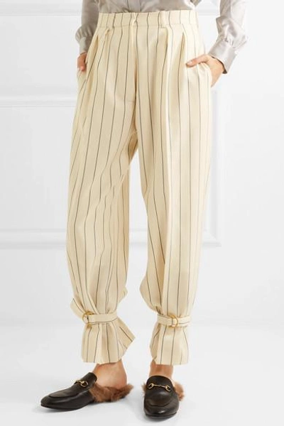 Shop Hillier Bartley Buckled Pinstriped Wool-twill Pants