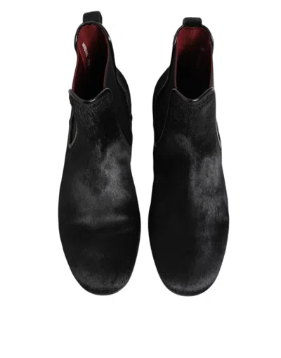 Dolce & Gabbana Black Leather Fur Men Chelsea Boots Shoes In Black