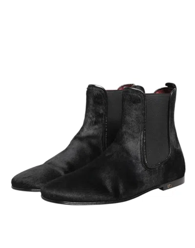 Dolce & Gabbana Black Leather Fur Men Chelsea Boots Shoes In Black
