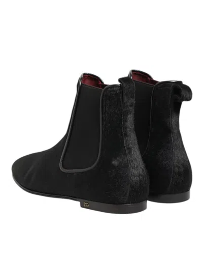 Dolce & Gabbana Black Leather Fur Men Chelsea Boots Shoes In Black