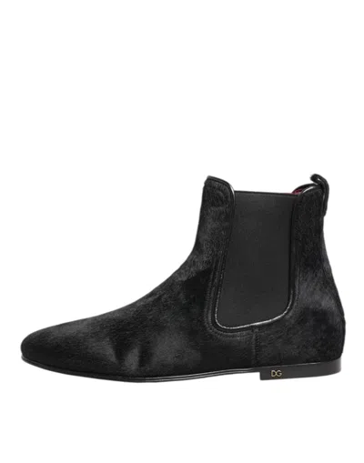 Dolce & Gabbana Black Leather Fur Men Chelsea Boots Shoes In Black