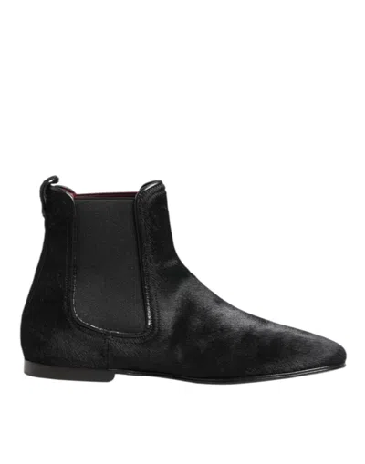 Dolce & Gabbana Black Leather Fur Men Chelsea Boots Shoes In Black