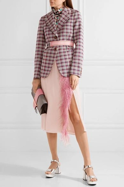 Shop Prada Feather-trimmed Silk-georgette Midi Skirt In Pastel Pink