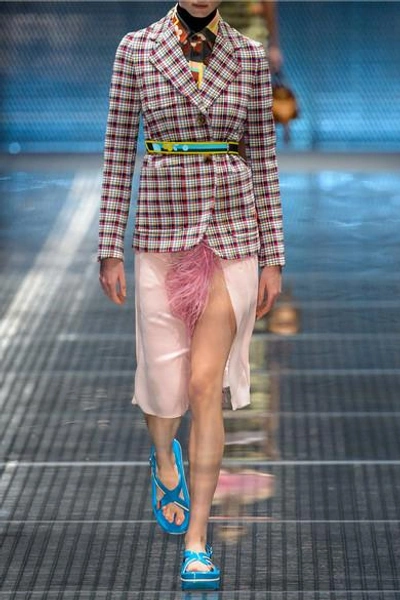 Shop Prada Feather-trimmed Silk-georgette Midi Skirt In Pastel Pink