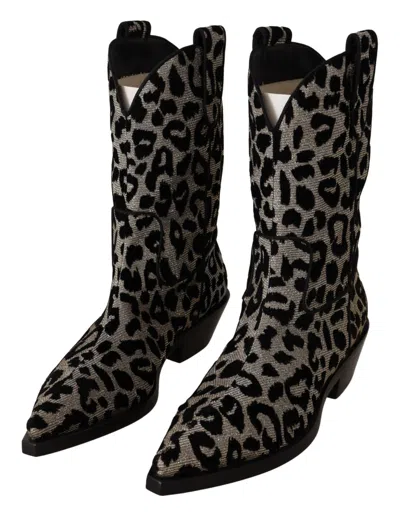 Dolce & Gabbana Leopard Print Velvet Mid Calf Boots In Black