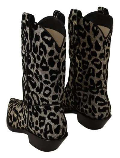 Dolce & Gabbana Leopard Print Velvet Mid Calf Boots In Black