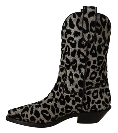 Dolce & Gabbana Leopard Print Velvet Mid Calf Boots In Black