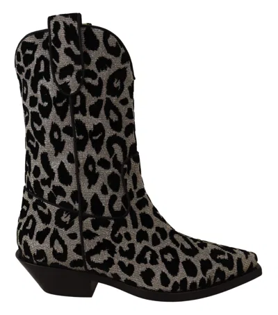 Dolce & Gabbana Leopard Print Velvet Mid Calf Boots In Black