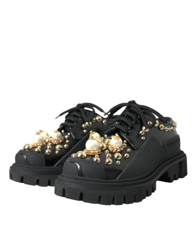 Dolce & Gabbana Pearl And Stud Embellished Leather Derby Flat In Multi