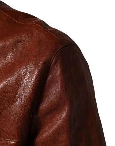Dolce & Gabbana Brown Leather Button Down Men Biker Jacket In Multi