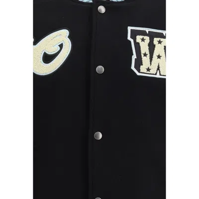 Off-white Logo Flocked Button-up Bomber Jacket In Black