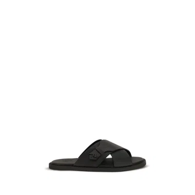 Fendi Crossed X-strap Calfskin Slide Sandals In Black