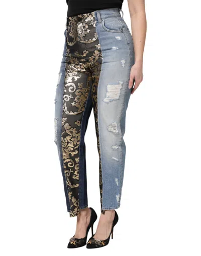 Dolce & Gabbana Patchwork Damask Tapered Jeans In Blue