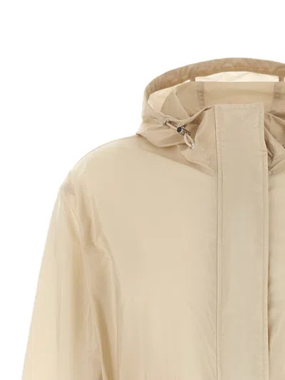 Moncler Weteau Ruched-trim Hooded Mid-length Jacket In Neutral