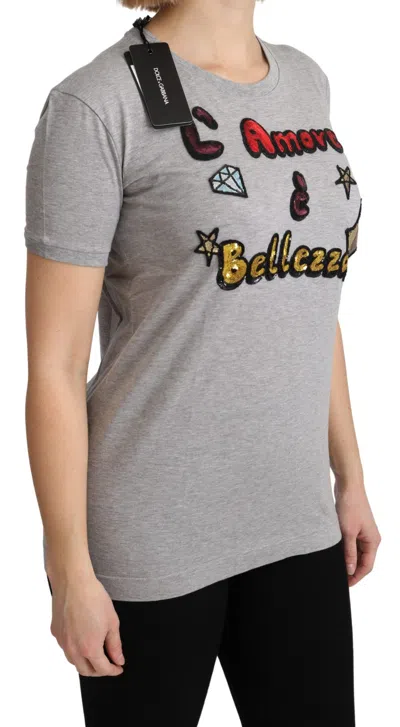 Dolce & Gabbana Multicolor Sequined Amore E Bellezza T-shirt In Gray
