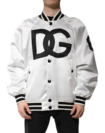 Dolce & Gabbana White Dg Logo Polyester Jersey Bomber Jacket In White