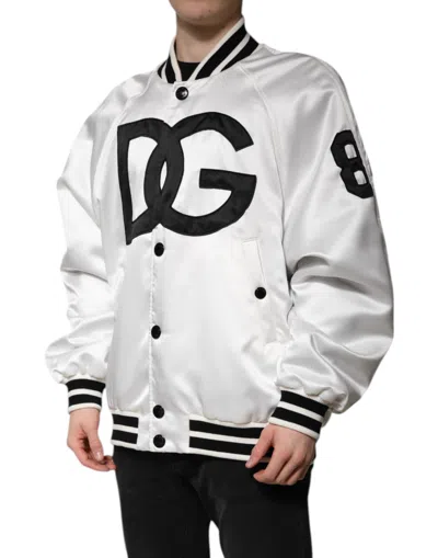 Dolce & Gabbana White Dg Logo Polyester Jersey Bomber Jacket In White