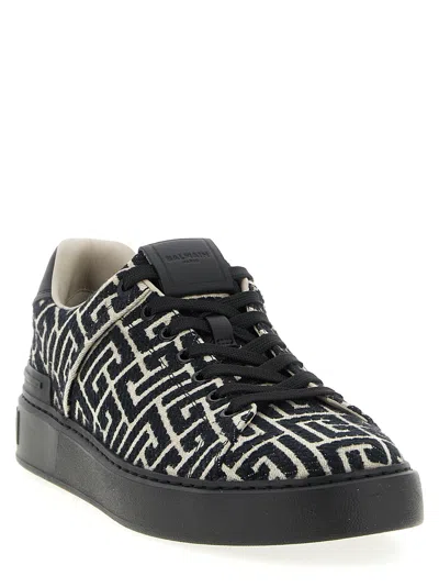 Balmain B-court Sneakers In Leather And Monogram Jacquard In Black