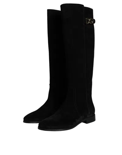Dolce & Gabbana Suede Knee High Boots Block Heel In Black