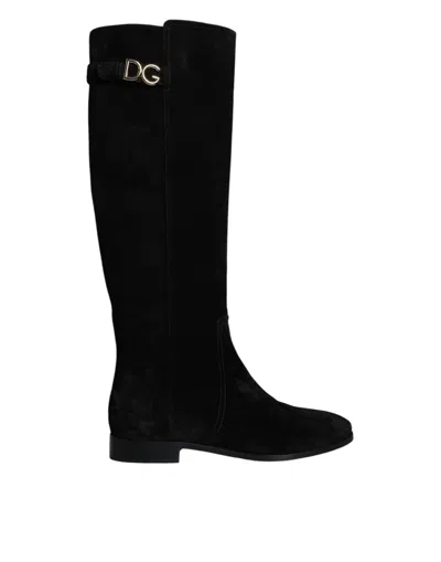 Dolce & Gabbana Suede Knee High Boots Block Heel In Black