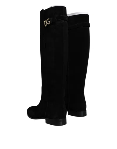 Dolce & Gabbana Suede Knee High Boots Block Heel In Black