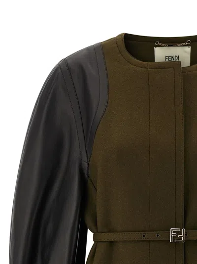Fendi Felt Wool Cocoon Jacket With Leather-sleeve Belted Waist In Brown