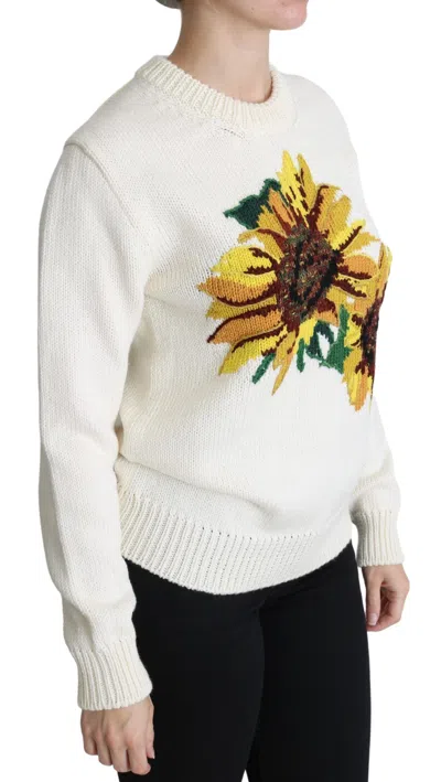 Dolce & Gabbana Wool Pullover Sunflower Crew Neck Sweater In White