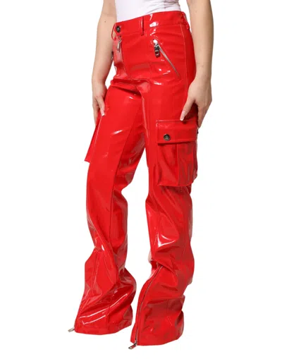 Dolce & Gabbana Glossy Polyester Cargo Boot Cut Cargo Pants In Red