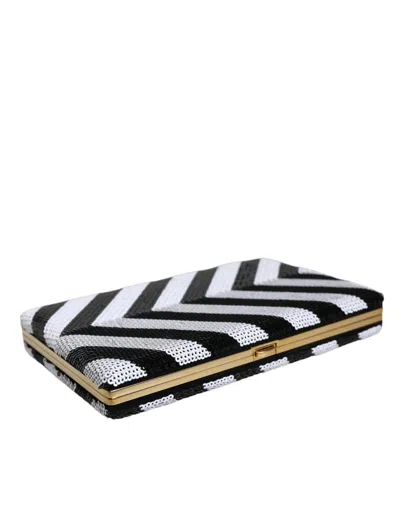 Dolce & Gabbana Chevron-patterned Metal Frame Clutch In Black