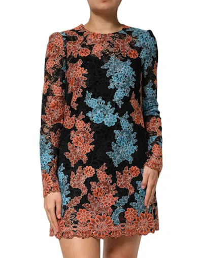 Dolce & Gabbana Floral Embroidered Lace Shift Mini Dress In Multi