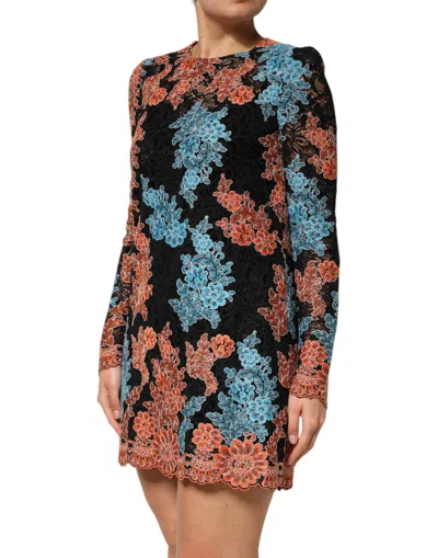 Dolce & Gabbana Floral Embroidered Lace Shift Mini Dress In Multi