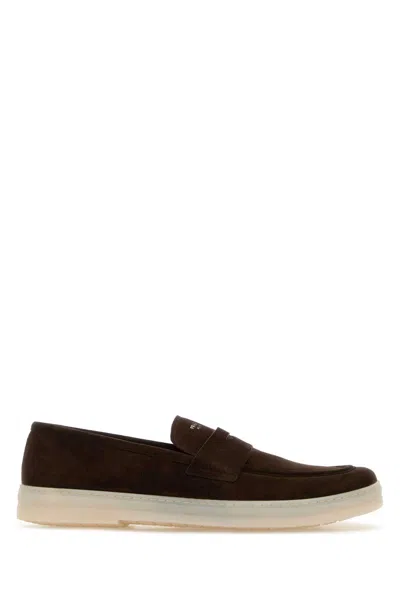 Prada Suede Loafers Round Toe Rubber Sole In Brown