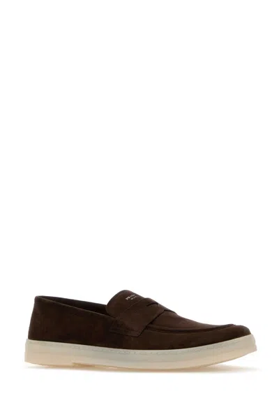 Prada Suede Loafers Round Toe Rubber Sole In Brown