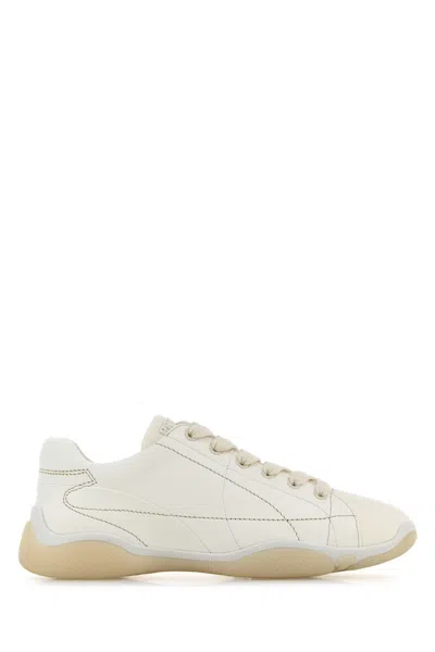 Prada Leather Sneakers Crafted Geometric Stitching In White