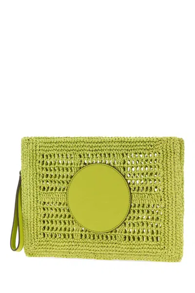 Tory Burch Hand Crocheted Raffia Rectangular Clutch Pouch In Green
