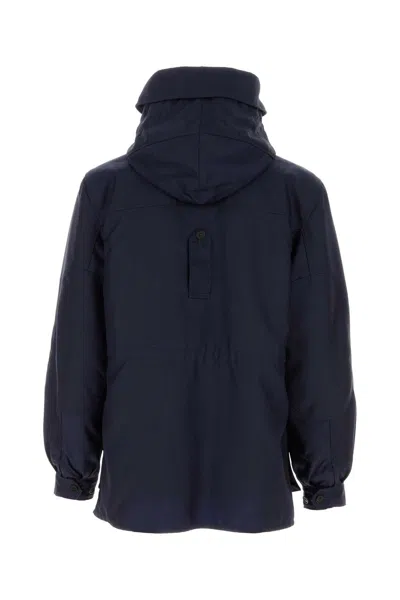 Prada Hooded Wool Blend Jacket Multiple Pockets In Blue