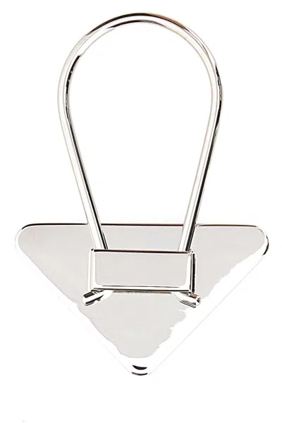 Prada Metal Key Ring Triangular Shape Engraving In Black