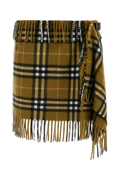Burberry Women Wool And Cashmere Check Scarf Style Skirt In Green