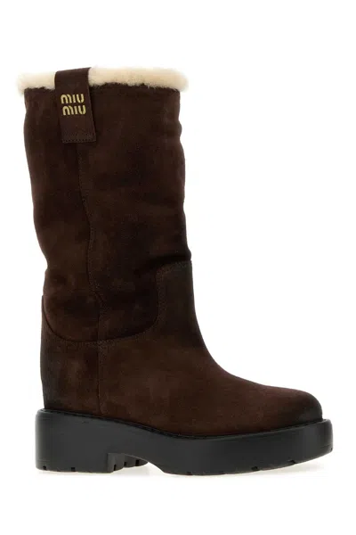 Miu Miu Shearling-lined Suede Boot In Brown