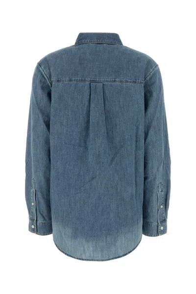 Miu Miu Logo Embroidery Chambray Denim Shirt In Blue