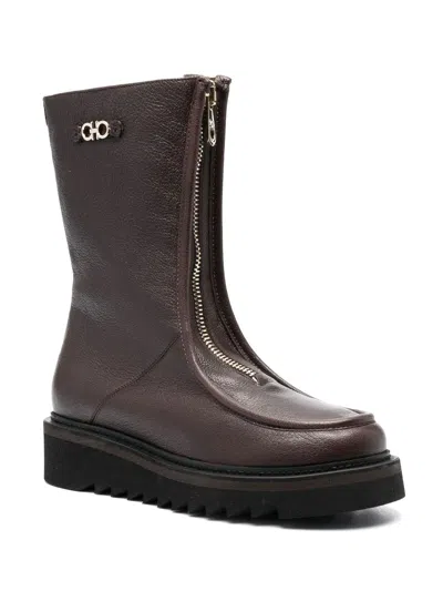 Ferragamo Leather With Gancini Hardware Ankle Boot In Brown